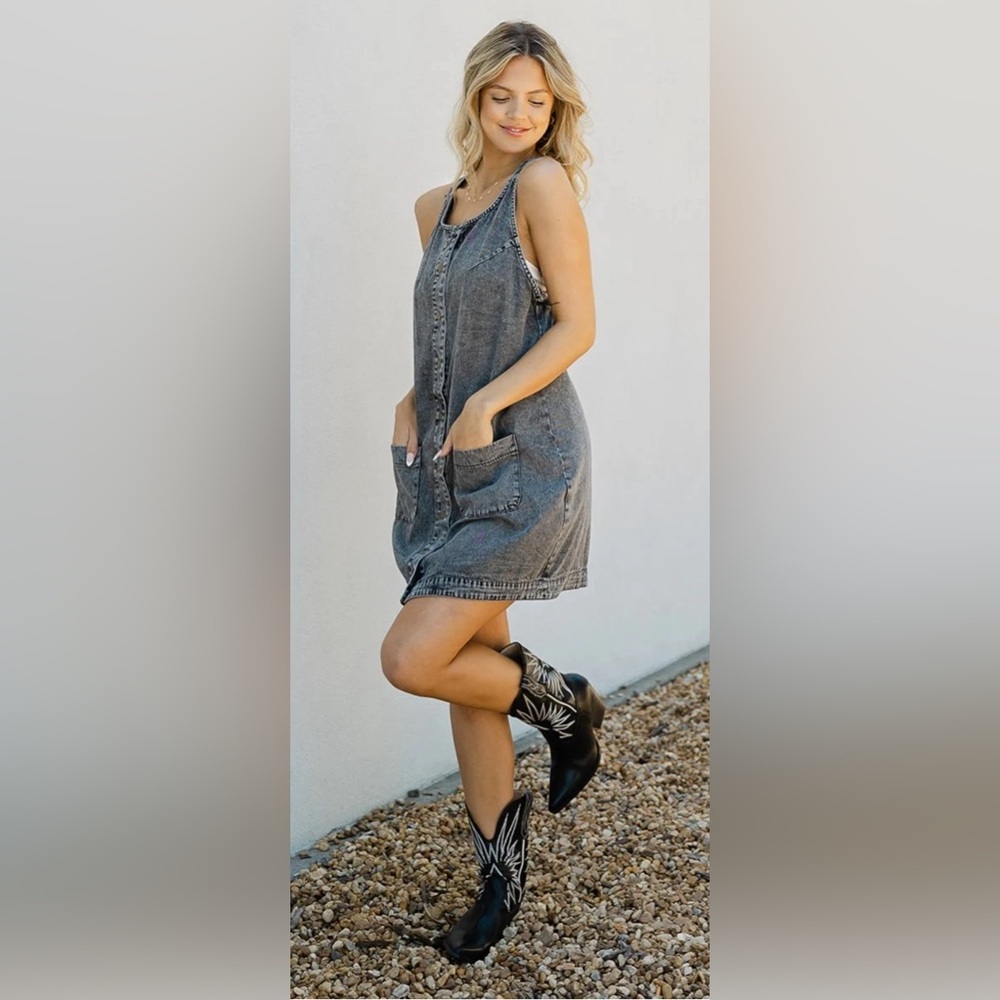 Porter St. Charcoal Wash Gray Denim Overall Dress Snap Front S Small